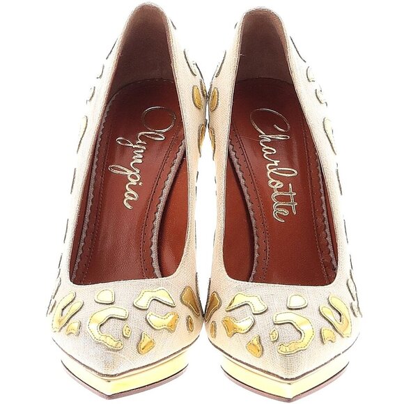 NEW w/ Box & Dust Covers Charlotte Olympia Debbie Linen & Gold Pumps EU 40 $975 - Picture 2 of 8